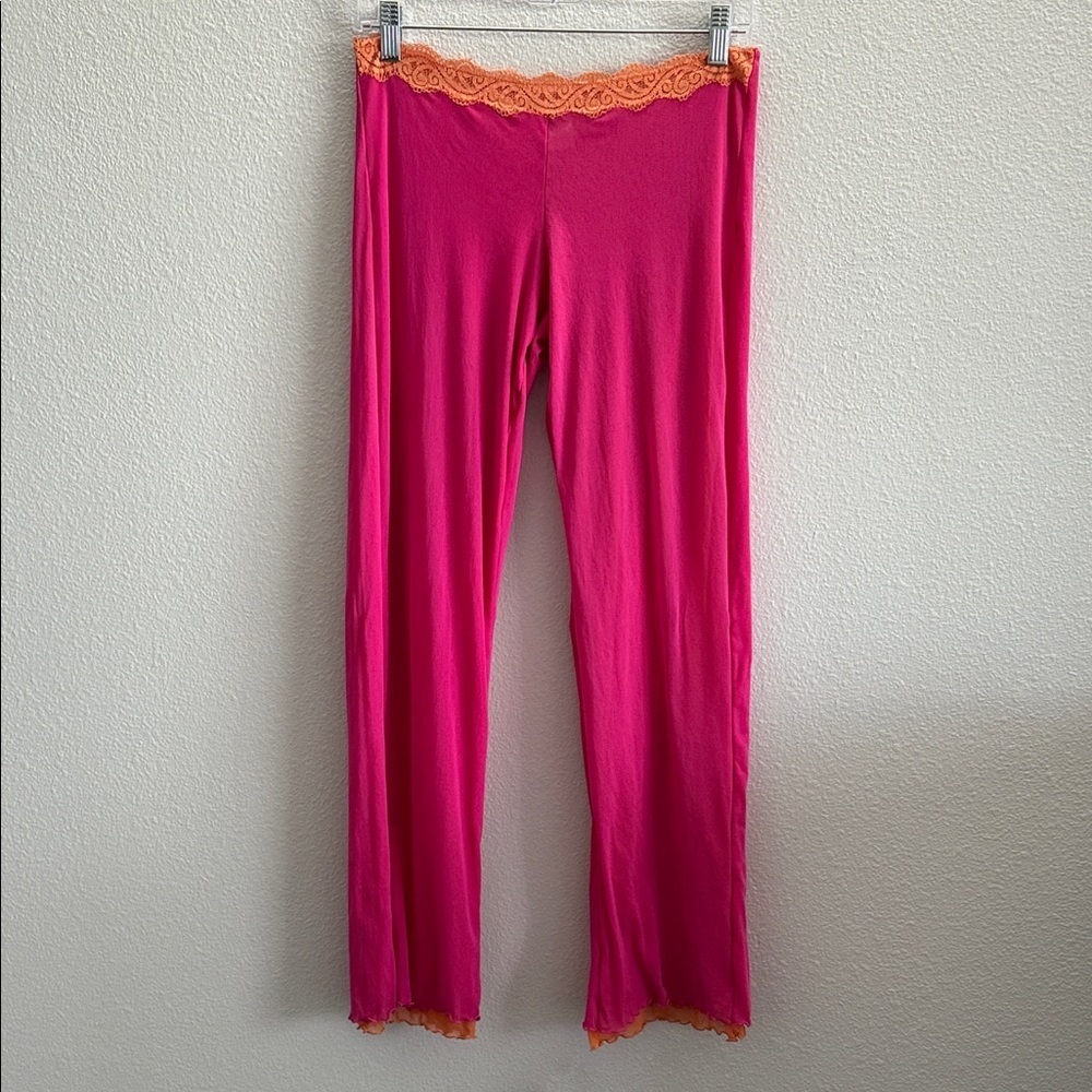 Y2K Pink Lounge Pants with Orange Lace Trim – Size M